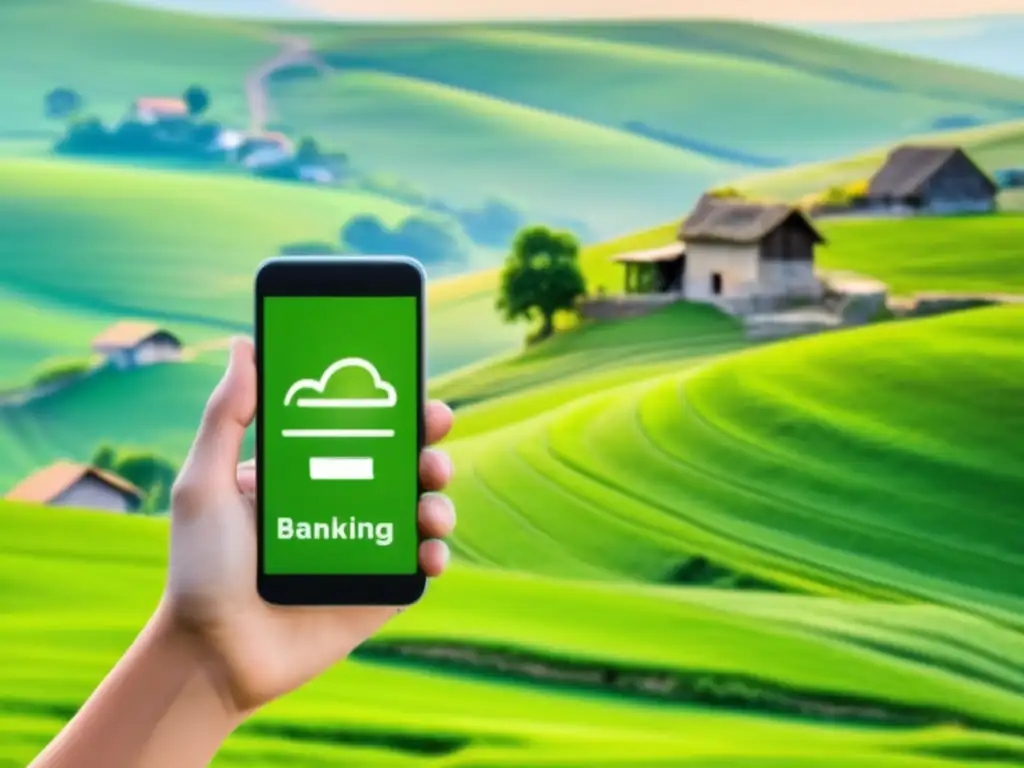 Banca móvil en zonas rurales Acceso financiero en zonas rurales con mobile banking: paisaje rural, granjero usando el teléfono para servicios bancarios