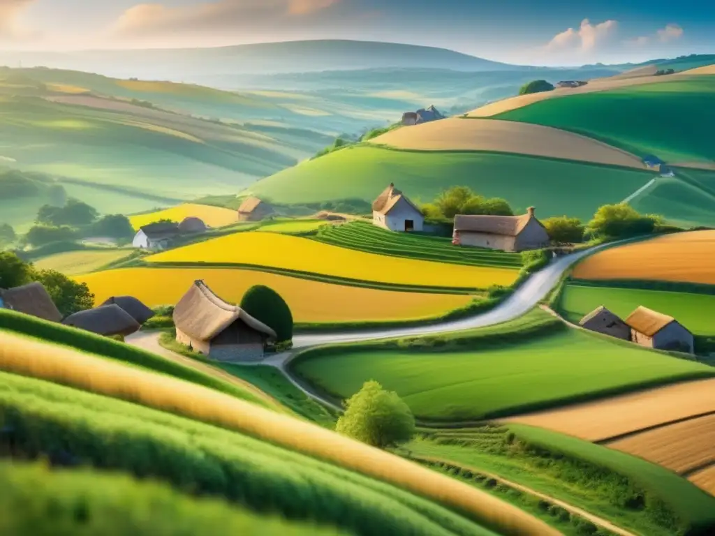 Paisaje rural con tecnología financiera móvil Acceso financiero en zonas rurales: paisaje rural con aldea tranquila, naturaleza exuberante y tecnología móvil