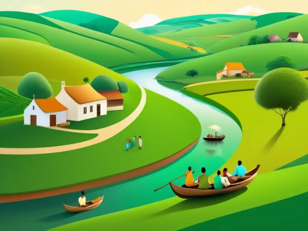 Paisaje rural tranquilo con comunidad diversa y mobile banking Acceso financiero en zonas rurales: paisaje rural sereno con río, aldea y comunidad diversa usando banca móvil