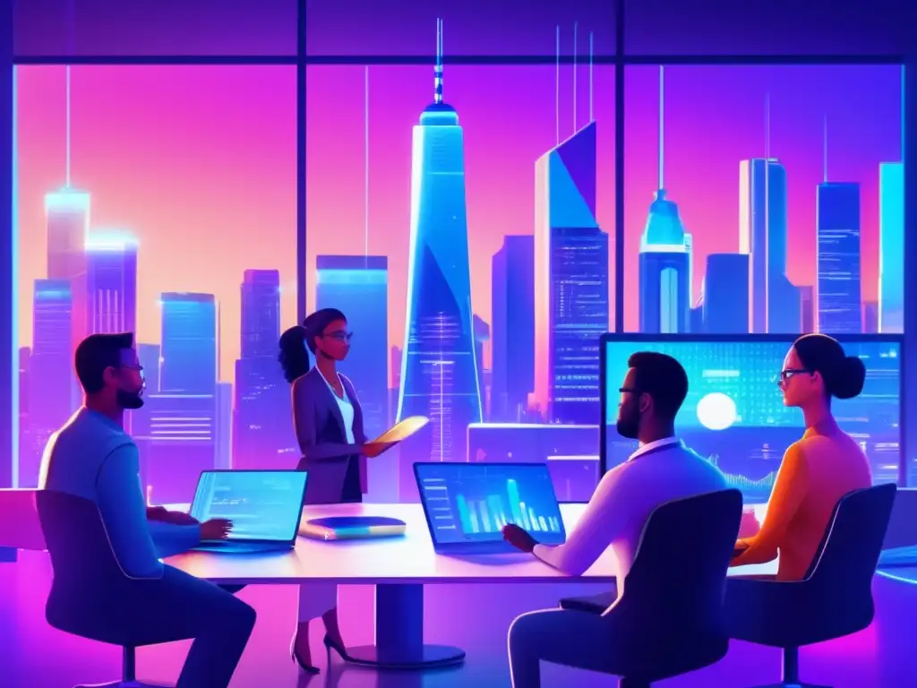 Futuro ciudad global: inversión y conectividad Acceso global a mercados internacionales: Futurista ciudad con rascacielos iluminados, profesionales intercambiando ideas y gráficos financieros