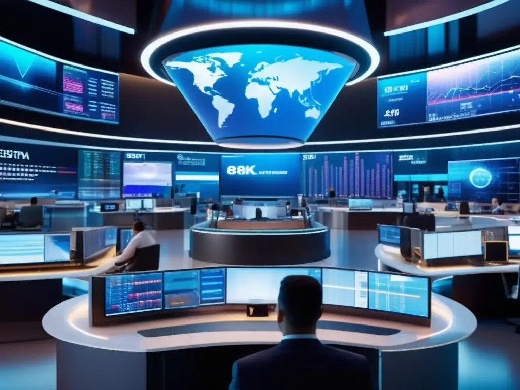 Futuro de los mercados financieros Acceso global a mercados internacionales: Futuro trading floor con traders analizando datos en displays holográficos