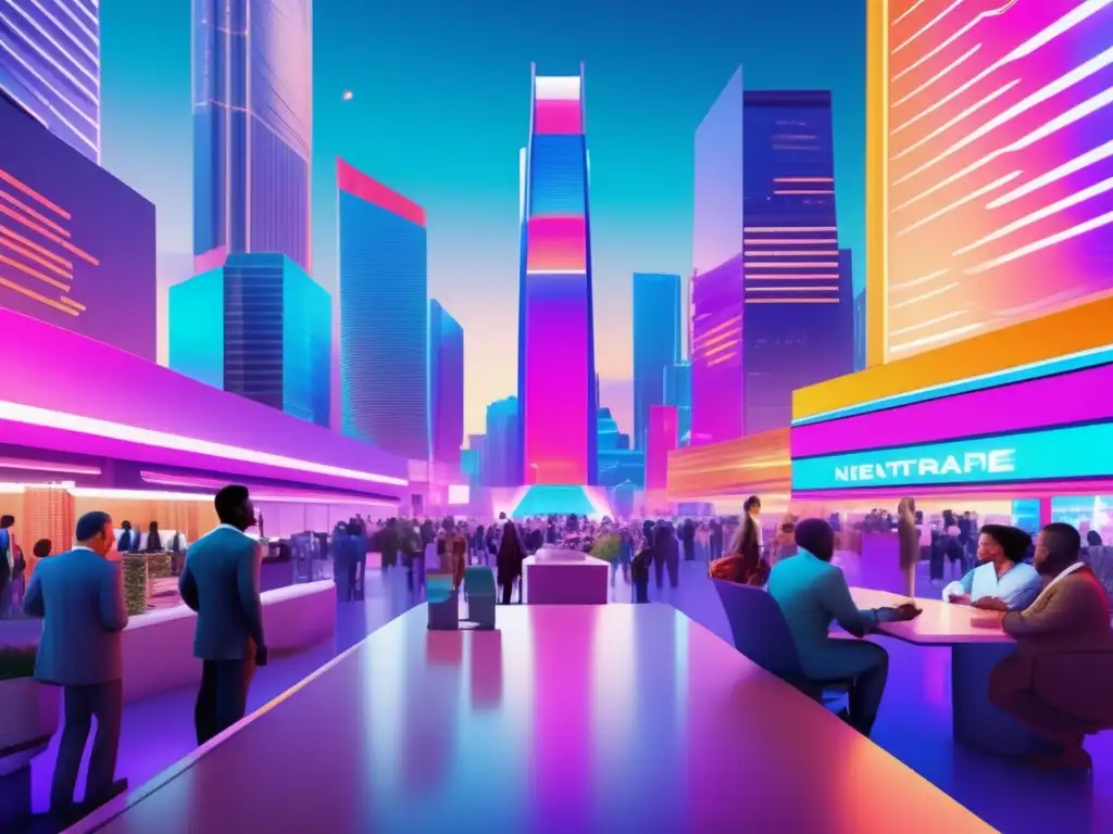 Mercado internacional vibrante y moderno Acceso global a mercados internacionales: una vibrante imagen moderna de un animado mercado internacional en una ciudad futurista, con rascacielos elegantes que dominan una plaza dinámica llena de personas de diferentes culturas y fondos