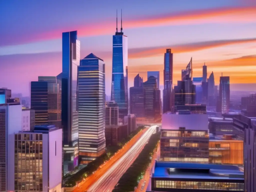 Ciudad moderna y solidaria Acciones redefiniendo filantropía corporativa en vibrante ciudad al atardecer con rascacielos y profesionales colaborando