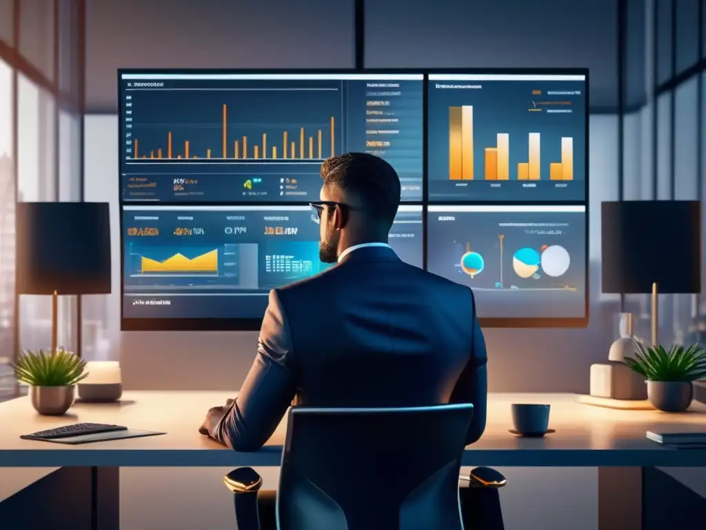 Inversionista profesional estudiando gráficos financieros Guía para invertir en acciones financieras: Imagen de un inversor profesional estudiando gráficos y datos financieros en una oficina elegante