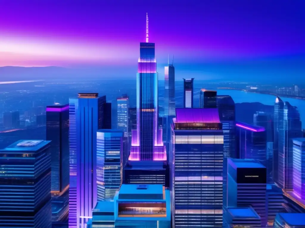 Metrópolis financiera futurista Acciones financieras internacionales en una ciudad moderna de noche