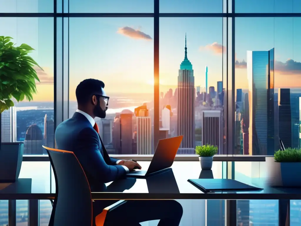 Oficina moderna en distrito financiero Guía para invertir en acciones financieras: Oficina moderna, rascacielos, gráficos de mercado y experto analizando datos