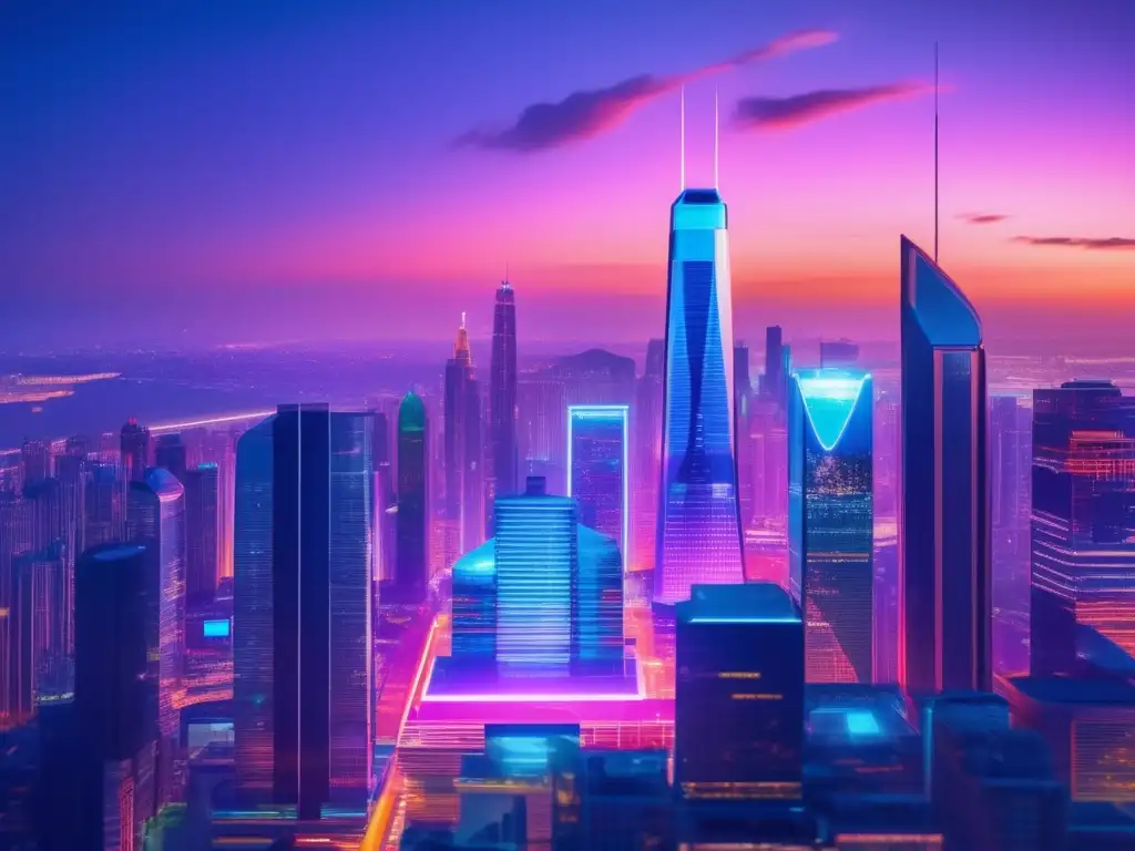 Futuroso paisaje urbano fintech Acciones fintech revolucionando mercado en una futurista ciudad con rascacielos iluminados por luces neón, profesionales discutiendo