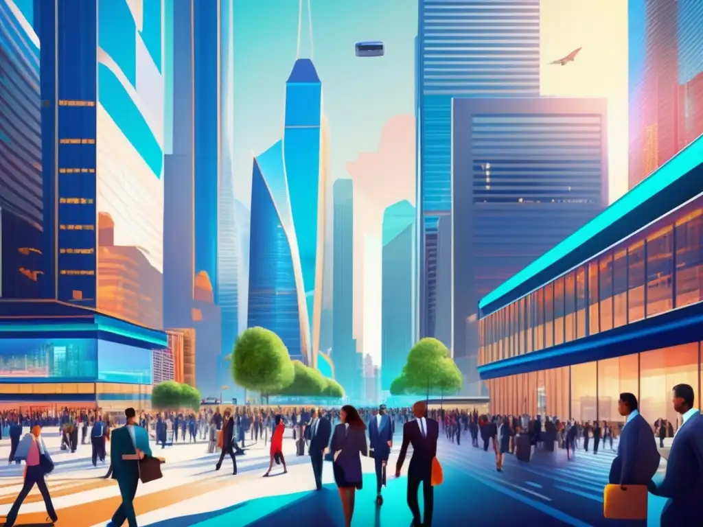 Distrito financiero moderno lleno de movimiento Acciones fintech revolucionando mercado en moderno distrito financiero