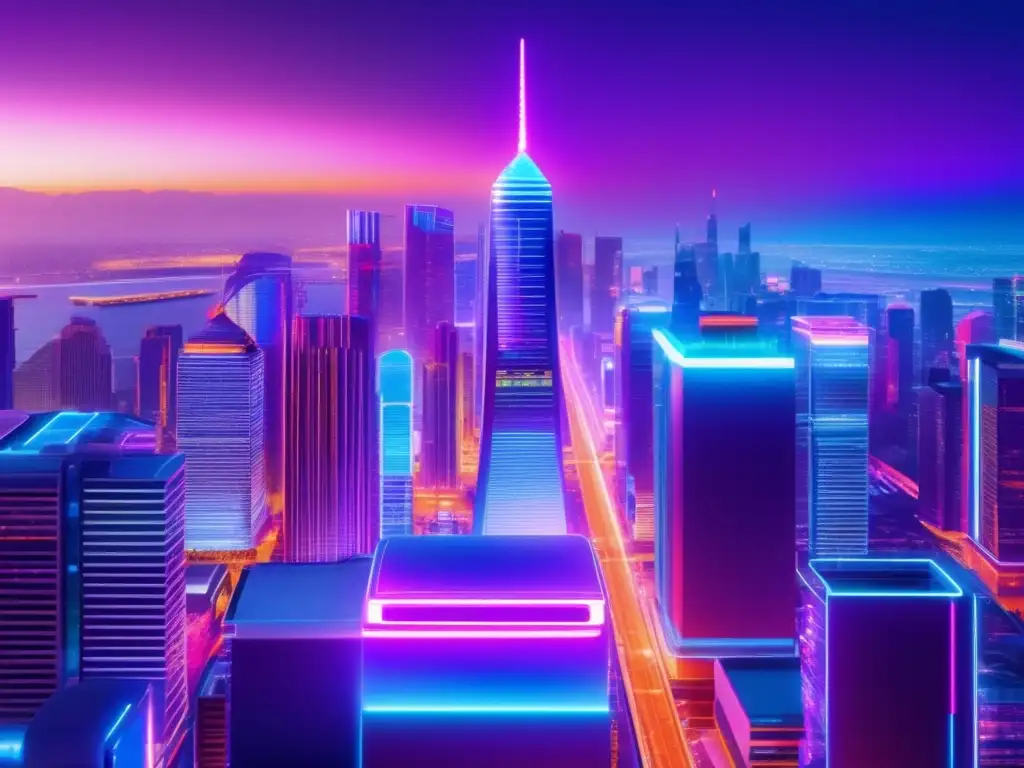 Ciudad futurista con rascacielos iluminados Acciones fintech revolucionando mercado: ciudad con rascacielos, tecnología futurista y diversidad