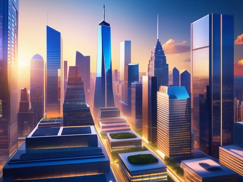 Ciudad futurista con rascacielos y tecnología avanzada Acciones fintech revolucionando mercado en vibrante ciudad futurista