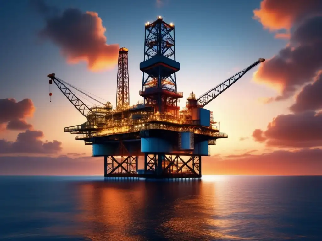 Impresionante vista panorámica de una plataforma petrolera offshore Acciones petróleo y gas dominantes en una impactante imagen de una plataforma petrolera en alta mar al atardecer
