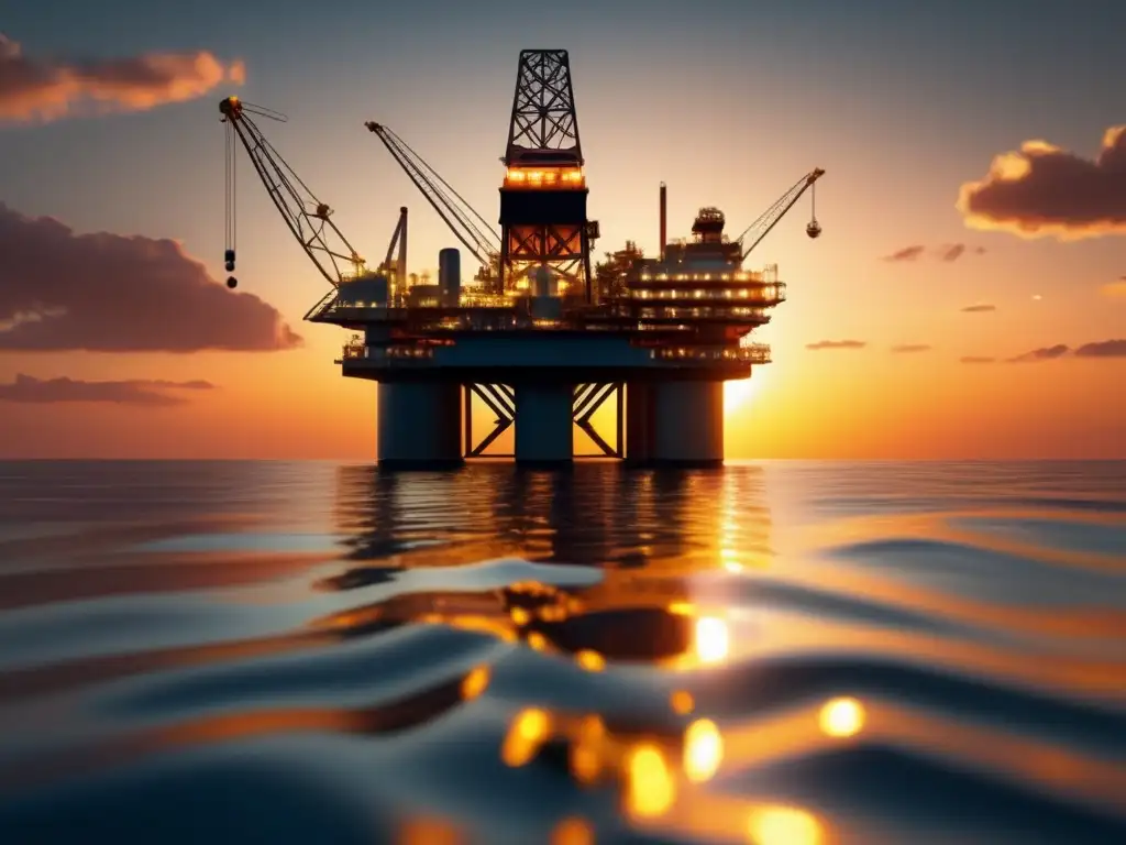 Plataforma petrolera futurista al atardecer Acciones petróleo y gas dominantes en futurístico offshore iluminado al atardecer