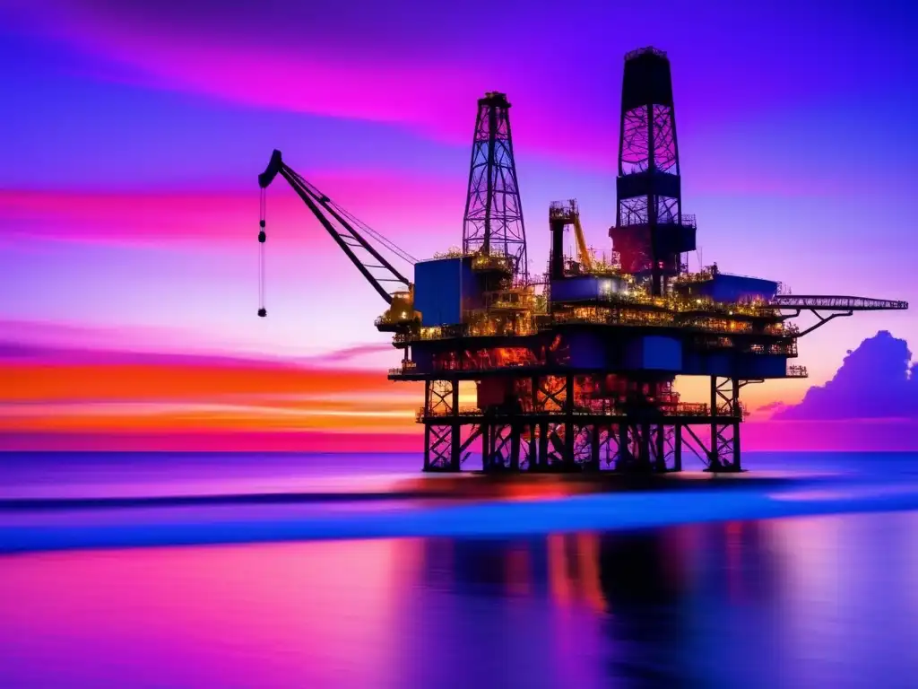 Puesta de sol en una plataforma petrolera Acciones petróleo y gas dominantes: plataforma petrolera al atardecer