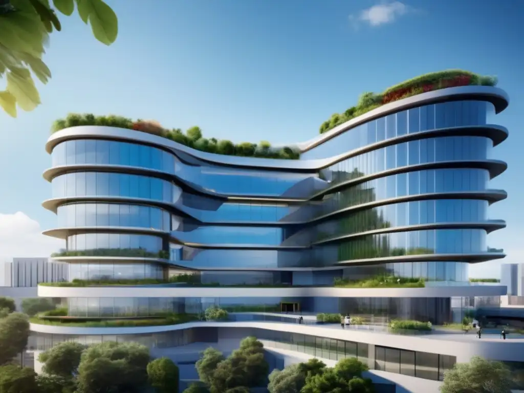 Hospital moderno y futurista con diseño innovador Acciones de hospitales inversión estratégica: Edificio hospital moderno y futurista, transparente y accesible, con médicos y enfermeras profesionales