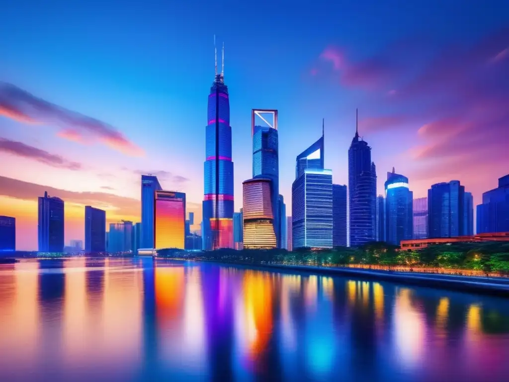 Skyline urbano al atardecer, con rascacielos iluminados Acciones en mercados emergentes: ciudad moderna con rascacielos, luces multicolores y río tranquilo