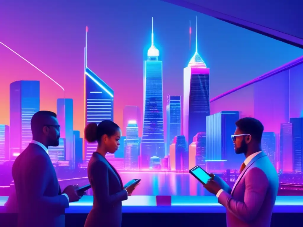 Skyscrapers iluminados en ciudad futurista Acciones en mercados emergentes: ciudad futurista con rascacielos iluminados y profesionales financieros discutiendo estrategias
