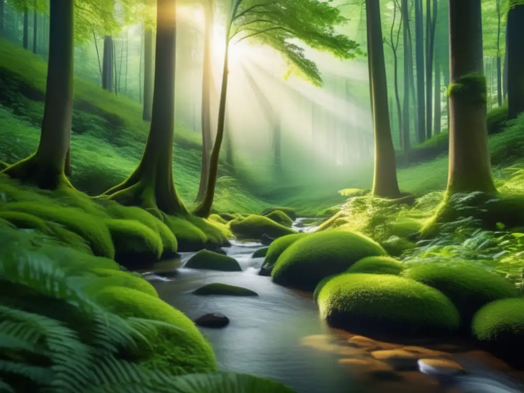 Bosque verde exuberante, vida y sostenibilidad Acciones responsables para inversores: bosque verde exuberante, árboles majestuosos, luz y sombra, arroyo sereno, biodiversidad, naturaleza sostenible