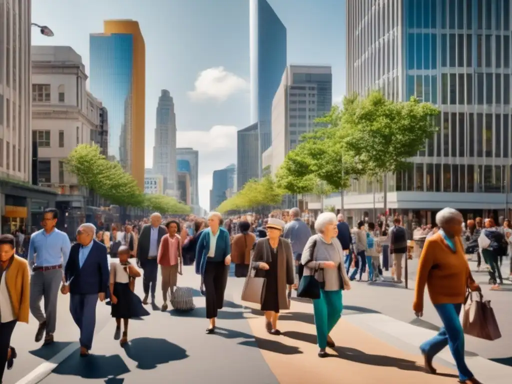 Calle de la ciudad llena de vida y diversidad Acciones salud envejecimiento población: Ciudad moderna con diversidad intergeneracional