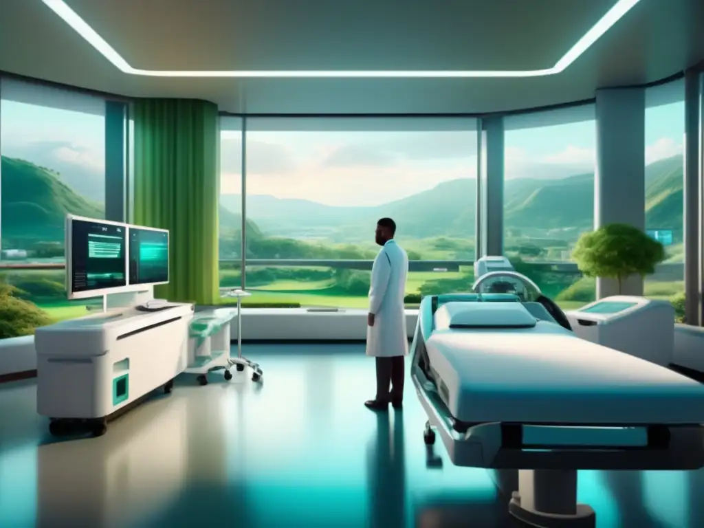 Avanzada tecnología médica y cuidado compasivo en hospital moderno Acciones de salud para invertir: Imagen de alta resolución de una moderna habitación de hospital con equipo médico avanzado y una conversación entre un doctor y un paciente sonriente
