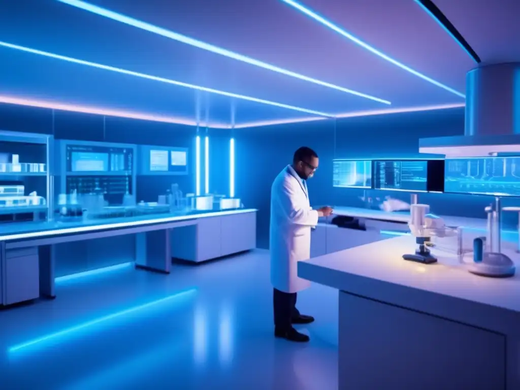 Futuro laboratorio médico con tecnología avanzada Acciones salud innovadoras en laboratorio futurista con tecnología avanzada y terapia génica