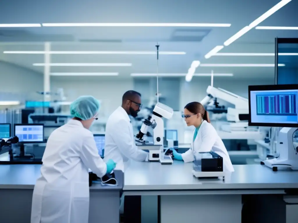 Innovación en laboratorio de alta tecnología Acciones de salud para invertir: laboratorio moderno con científicos en bata, equipamiento de vanguardia y tecnología avanzada