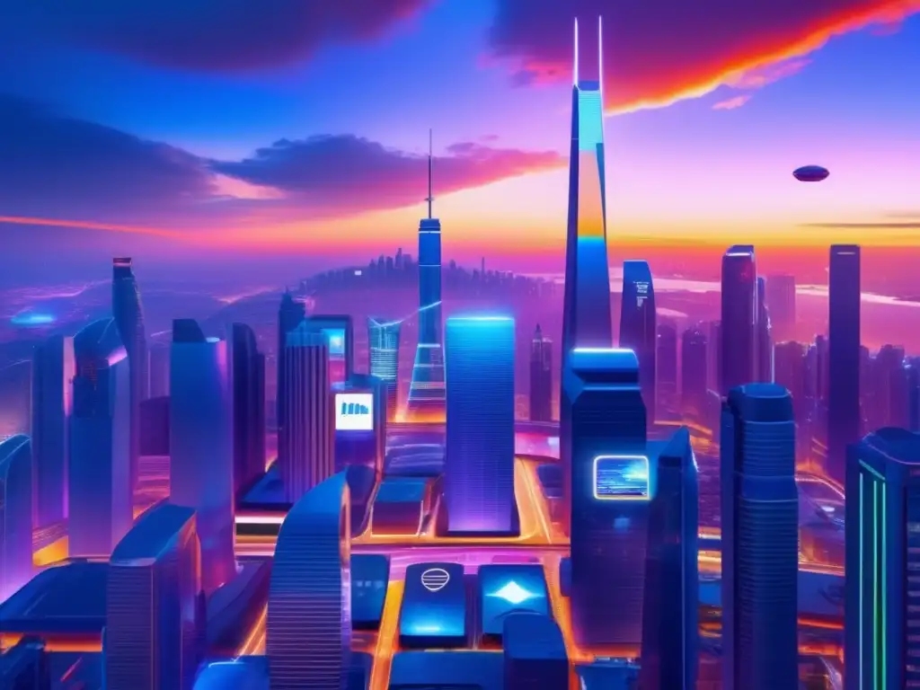 Ciudad futurista con rascacielos y tecnología avanzada Acciones tecnológicas contrarian en ciudad futurista con rascacielos y avances tecnológicos