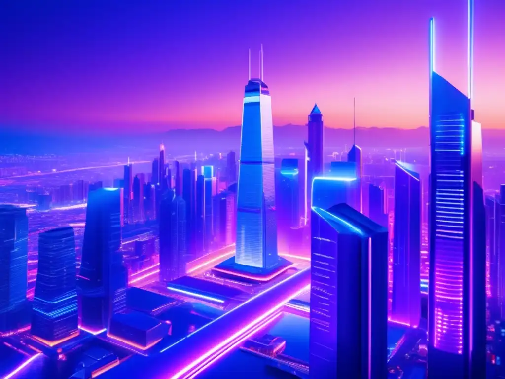 Ciudad futurista: innovación y tecnología Acciones tecnológicas contrarian en metrópolis futurista al atardecer