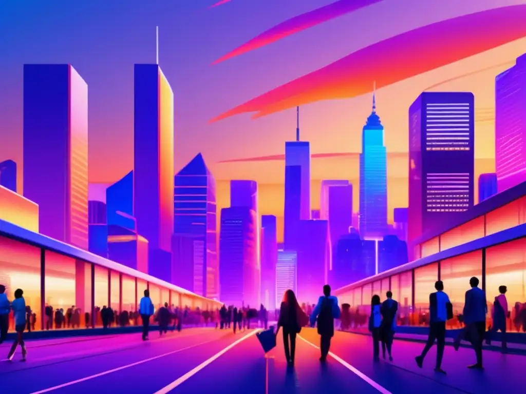 Ciudad moderna al atardecer con rascacielos iluminados Acciones tecnológicas con potencial oculto en una ciudad moderna al atardecer