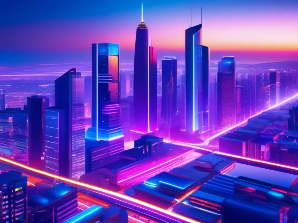 Ciudad futurista con rascacielos y luces neón Acciones tecnológicas con potencial oculto en una ciudad futurista iluminada por neones, reflejando progreso y dinamismo
