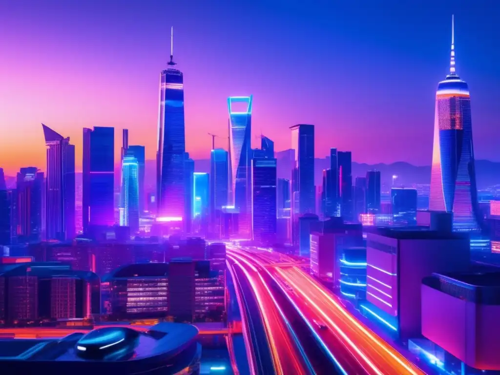 Ciudad futurista iluminada por luces de neón Acciones tecnológicas contrarian en vibrante ciudad futurista