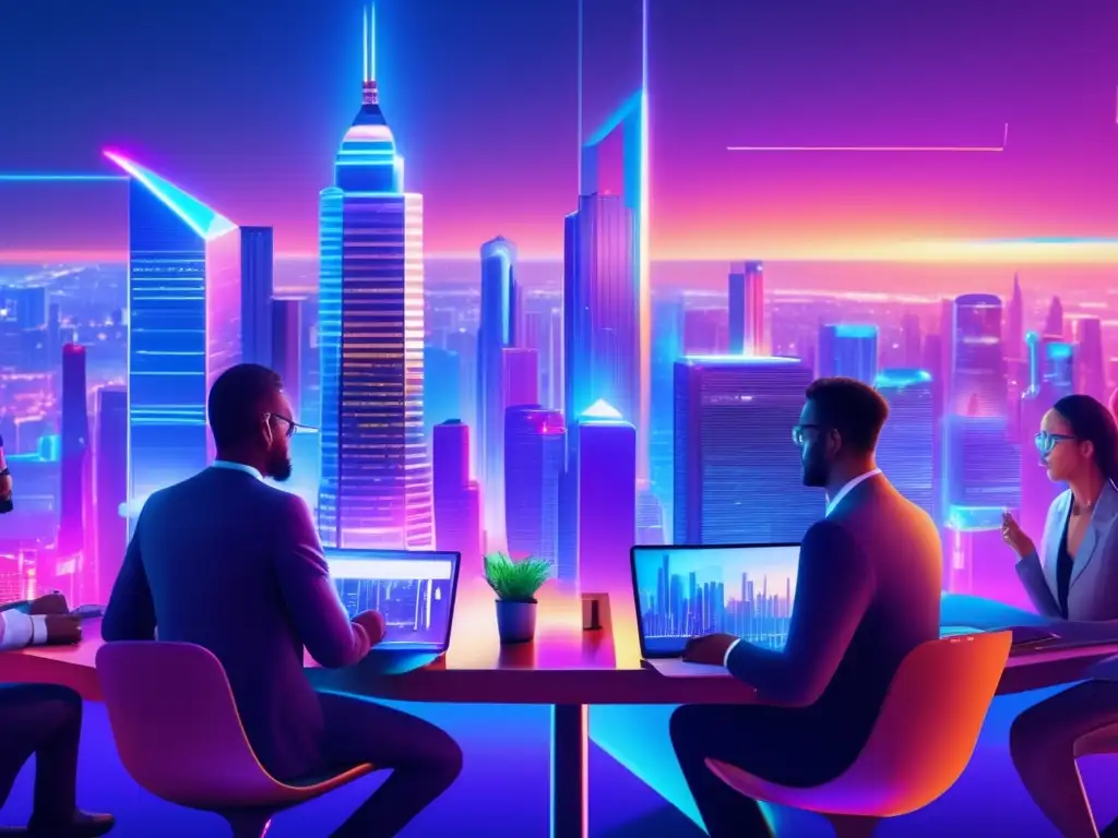 Ciudad futurista con profesionales y tecnología Acciones fintech revoluc