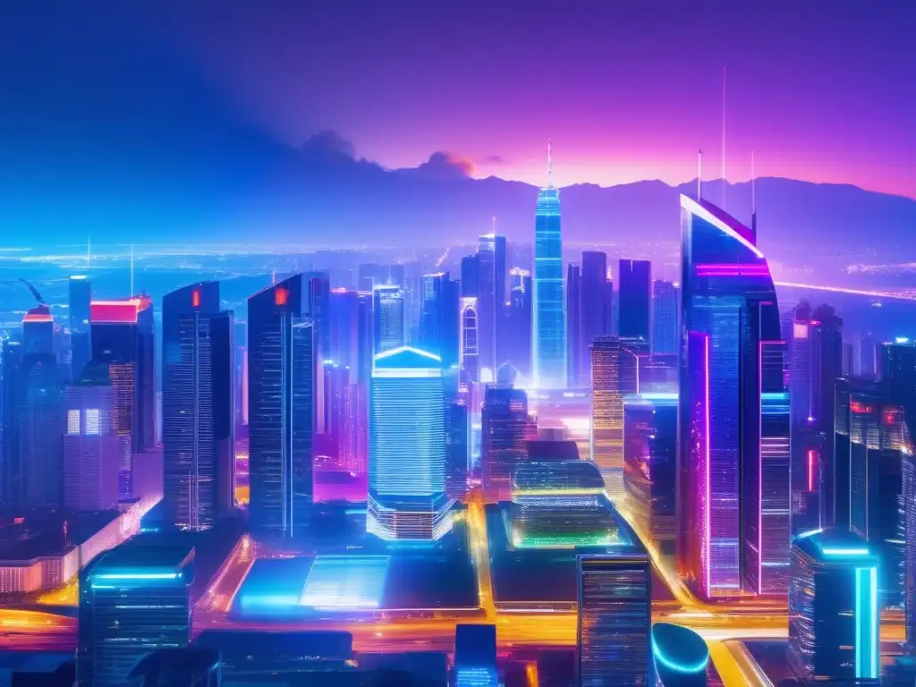 Ciudad futurista, vibrante y moderna Aceleradoras de negocios en startups: ciudad futurista con rascacielos iluminados, símbolo de innovación y progreso