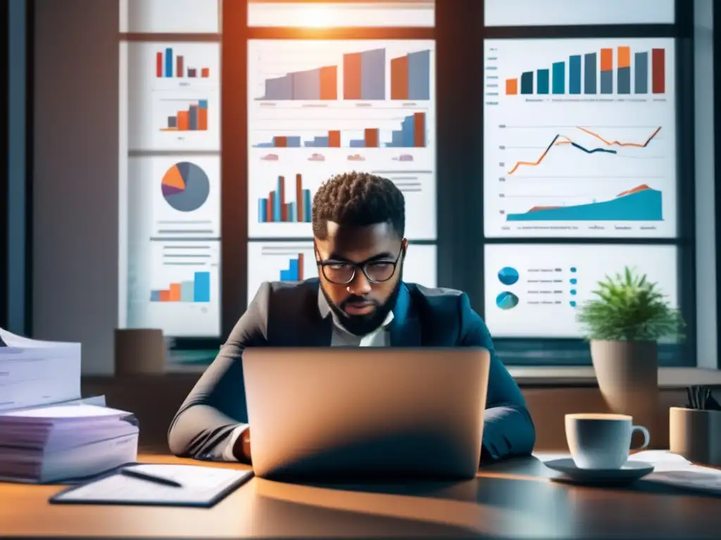 Persona analizando datos financieros en escritorio Psicología inversión activa: Persona analizando datos y gráficos en una oficina moderna con vista a la ciudad de noche