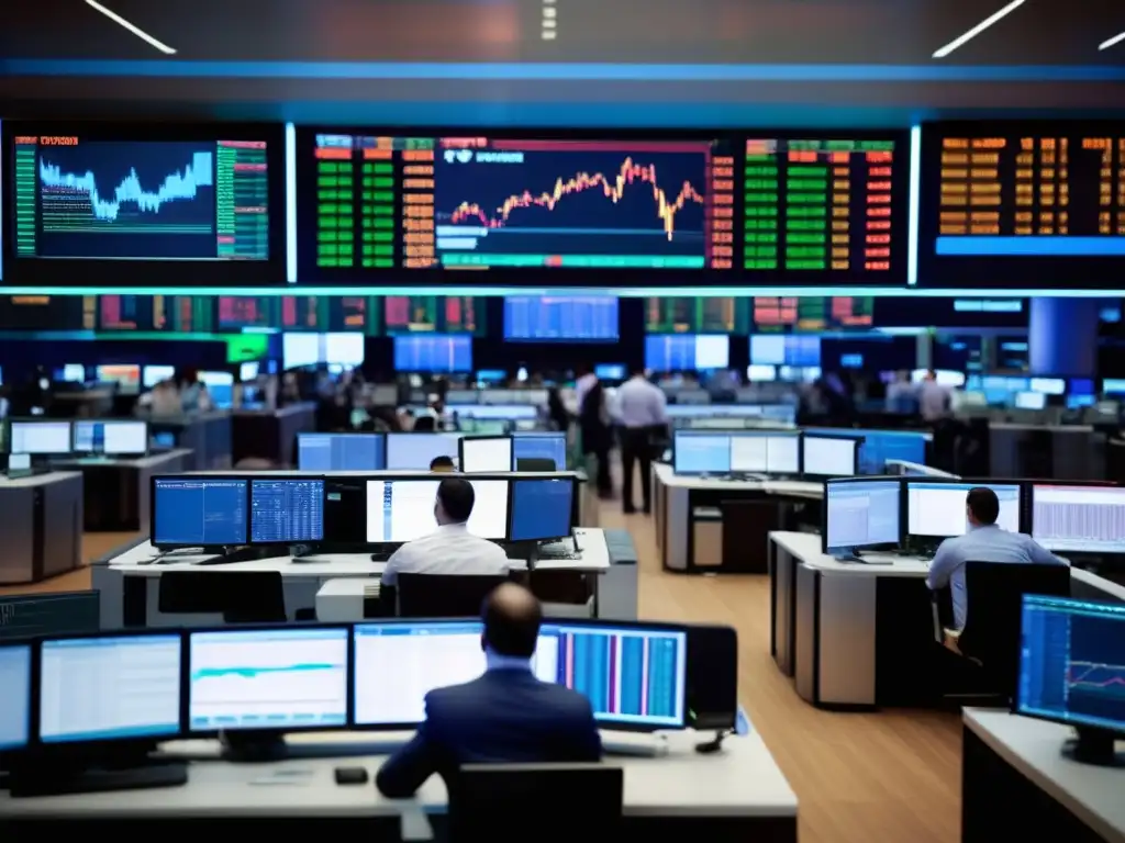 Piso de bolsa moderno y dinámico Actividad en la bolsa de valores: traders y pantallas muestran datos en tiempo real