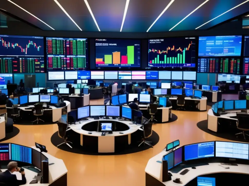 Traders en piso bursátil moderno Actividad en piso bursátil con traders analizando datos y tomando decisiones