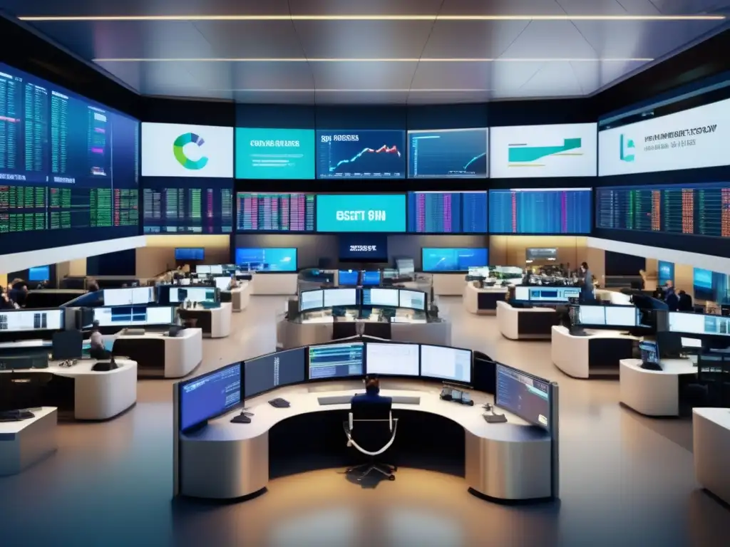 Traders en moderna sala de trading Actividad vibrante en la Bolsa con indicadores líderes y rezagados: ventaja y sofisticación