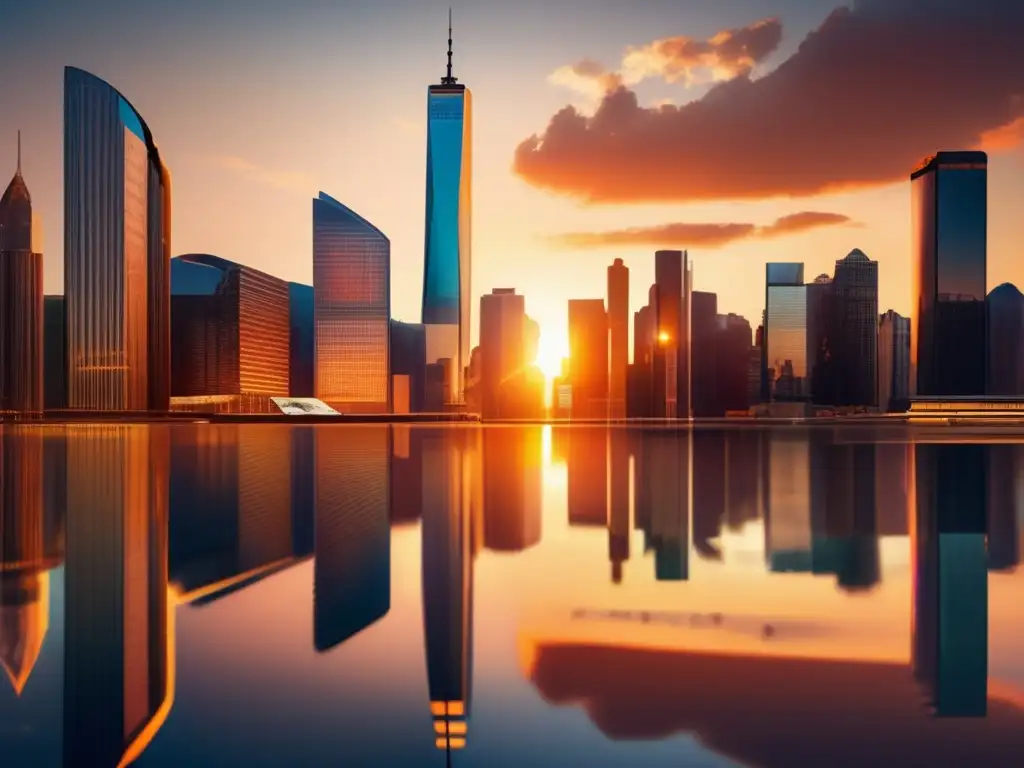 Skyline financiero vibrante al atardecer Correlación de activos financieros en una impresionante imagen de un distrito financiero contemporáneo al atardecer