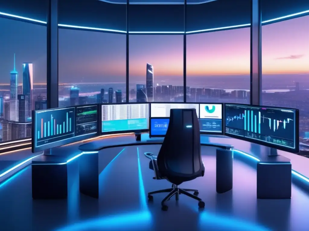 Trading bot futurista - 8K visual Actualización de bots de trading en una sala minimalista futurista con vistas a la ciudad