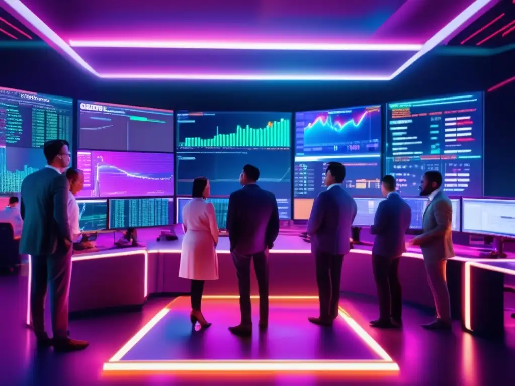 Traders innovadores optimizan estrategias Actualización de bots de trading en un vibrante piso de operaciones futurista con traders y pantallas mostrando datos en tiempo real