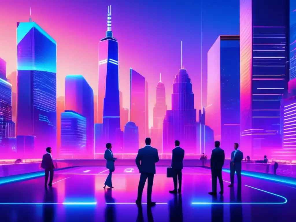 Futuro financiero en ciudad futurista Actualización ICOs en mercado financiero - Imagen 8K de ciudad futurista con profesionales y gráficos holográficos