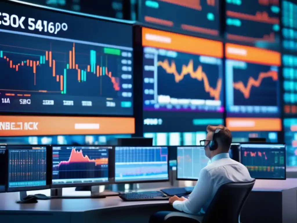 Piso de bolsa lleno de traders y datos financieros Actualización de ICOs en mercado financiero: Traders concentrados en colorido piso bursátil 8k de alta resolución