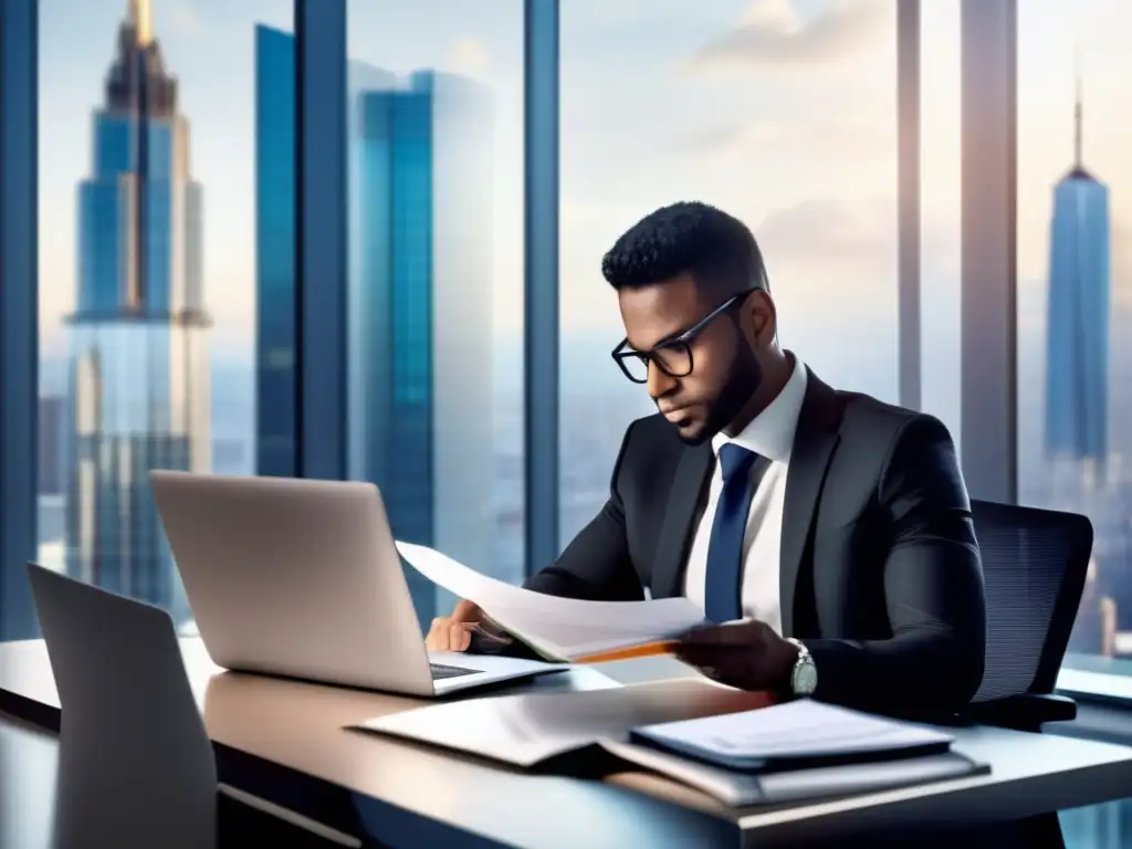Persona analizando prospectos en oficina moderna Cómo elegir el ETF adecuado: Análisis financiero en oficina moderna con persona investigando prospectos y consultando expertos
