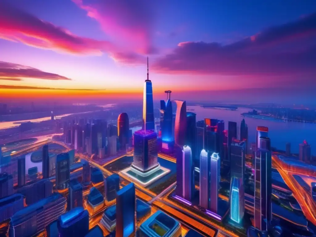 Futuro skyline urbano en atardecer vibrante Cómo elegir el ETF adecuado en un impresionante paisaje urbano futurista y vibrante