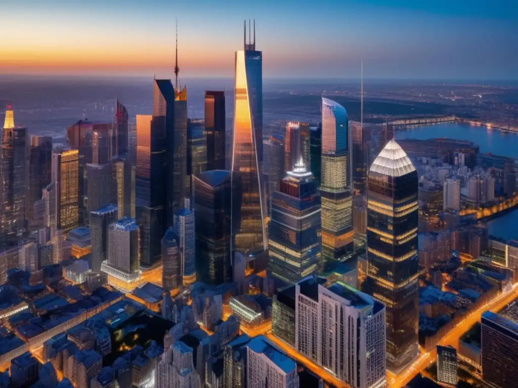 Metrópolis moderna iluminada al atardecer Fotografía aérea de una ciudad vibrante al atardecer, con rascacielos, carreteras llenas de autos y el rol de redes sociales en flipping