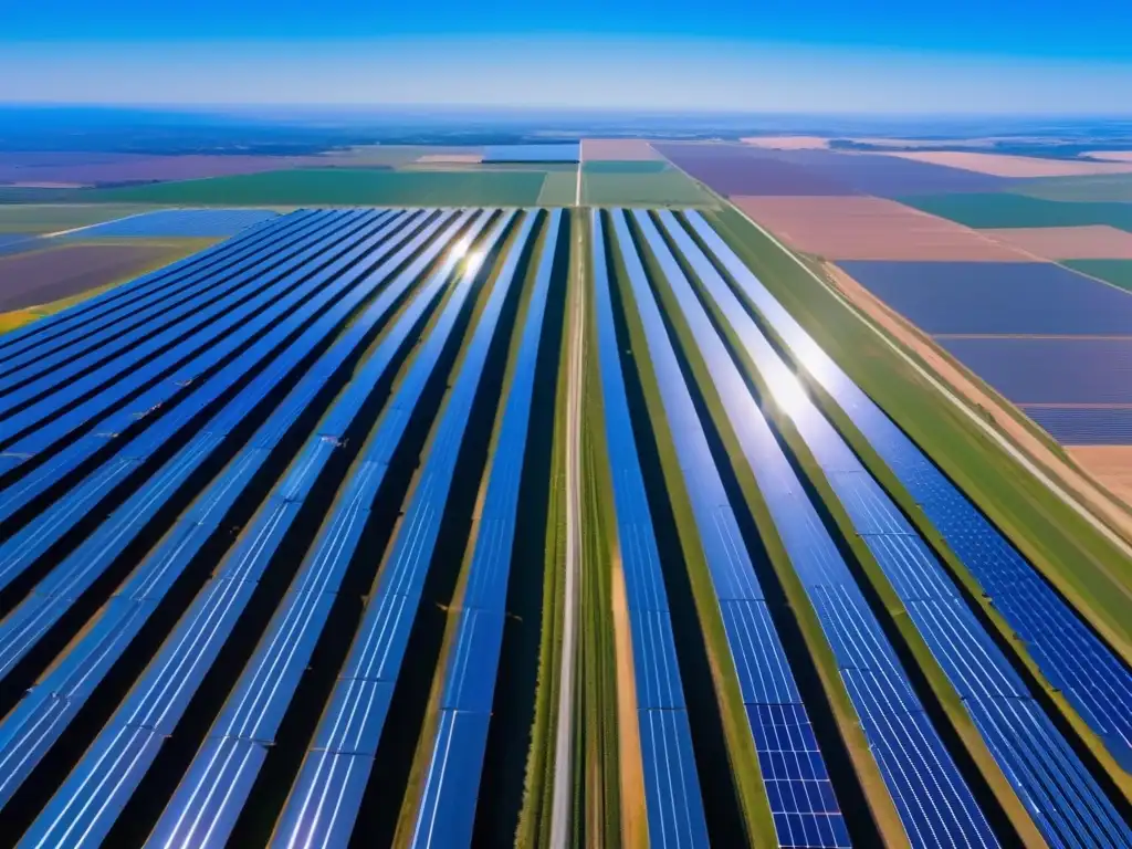 Granja solar: Innovación y sostenibilidad Aérea solar farm, paneles azules y plateados reflejando tecnología verde y bonos verdes: Reporte proyectos financiados bonos verdes