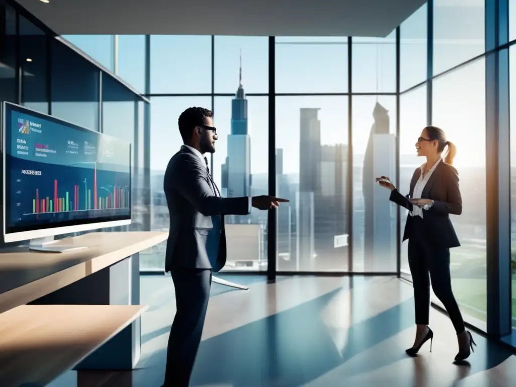 Oficina moderna con agente y cliente Agentes inmobiliarios: importancia en inversiones (110 caracteres)