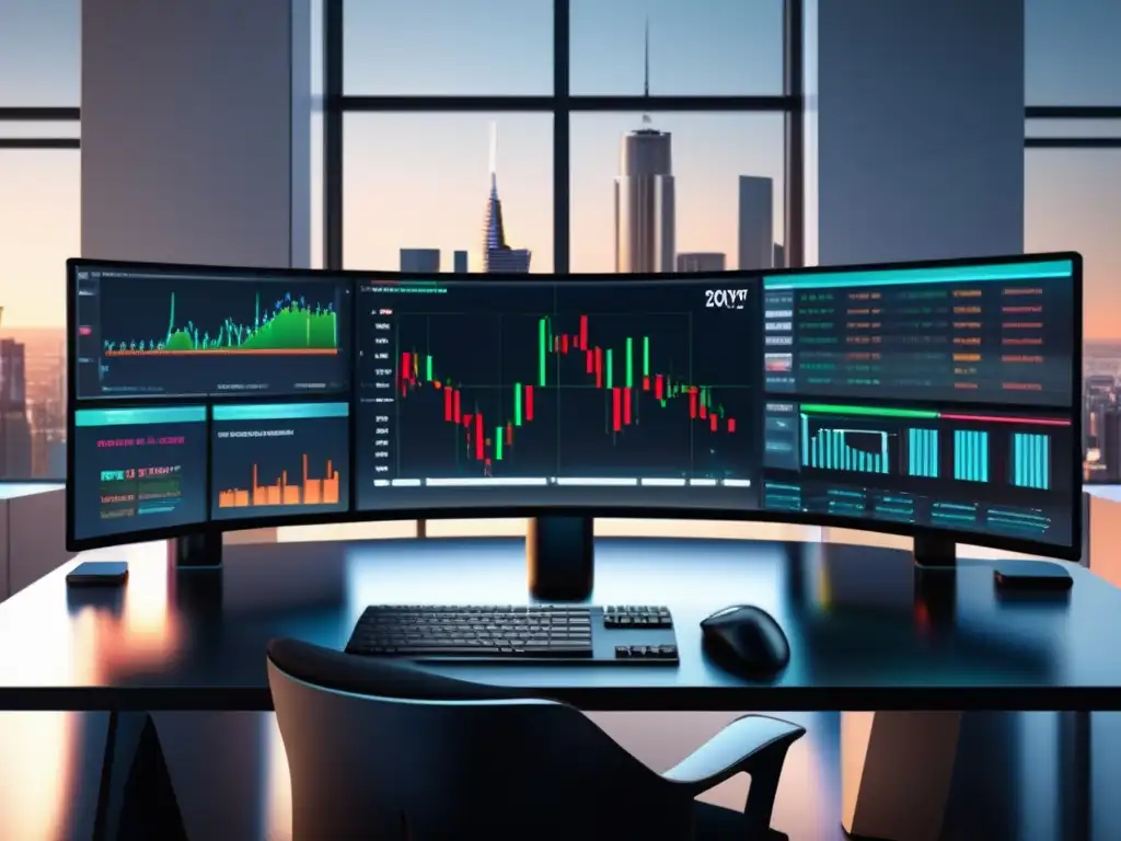 Escritorio de trading moderno y sofisticado Guía trading algorítmico: moderno escritorio con pantalla curva mostrando datos del mercado de valores, equipado con CPU potente y múltiples pantallas
