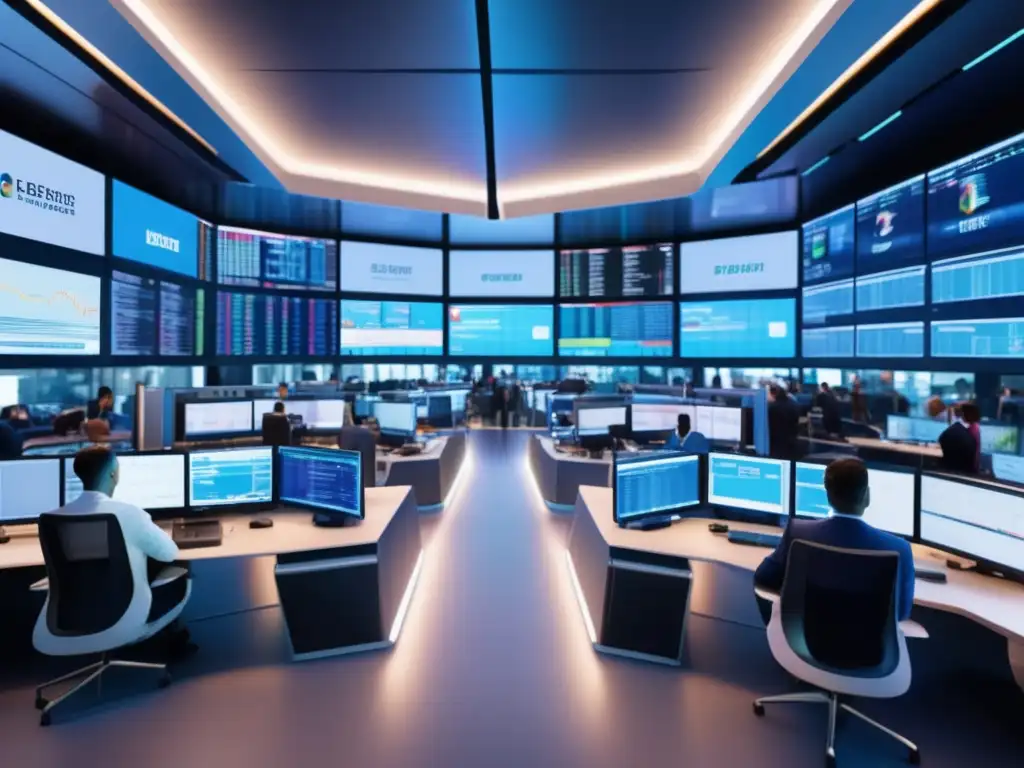 Moderno trading floor con traders profesionales y algoritmos complejos Guía trading algorítmico para principiantes: Traders profesionales en moderna sala de operaciones con pantallas y gráficos