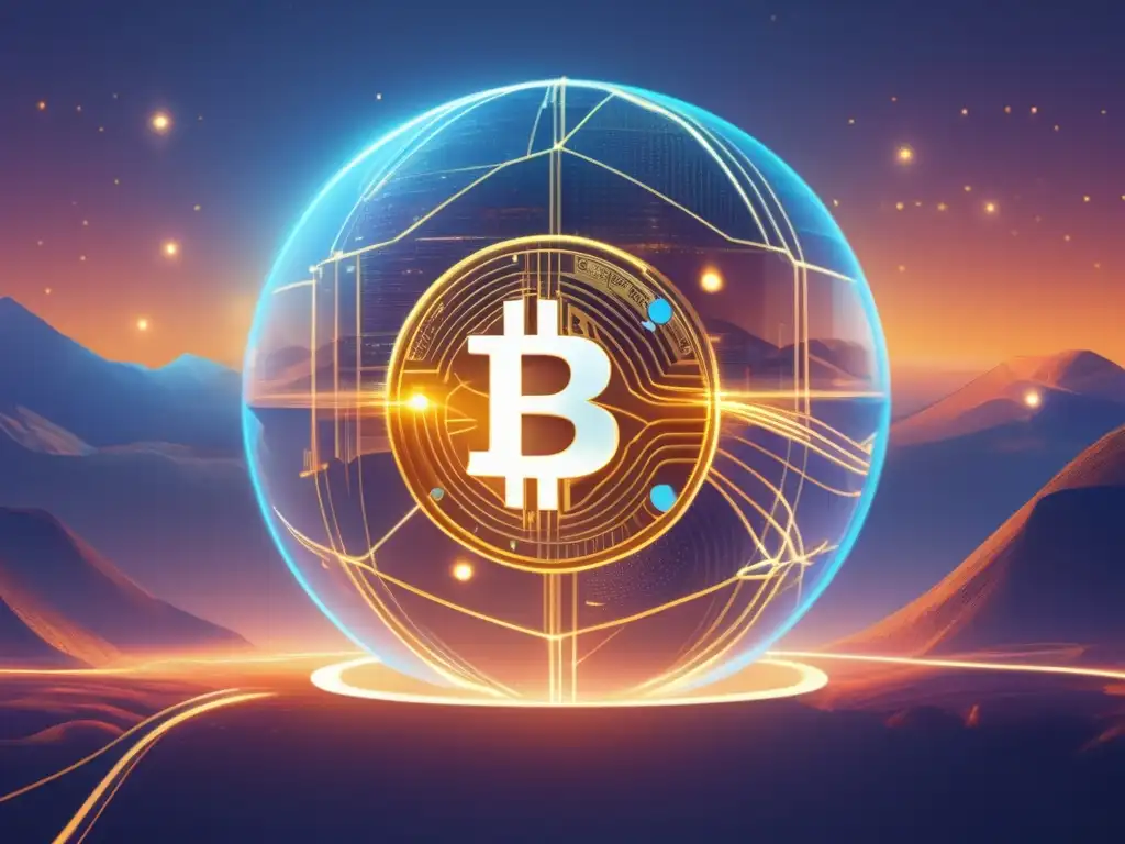 Paisaje digital futurista: criptomonedas y blockchain Algoritmos de consenso en criptomonedas: paisaje digital futurista con nodos representando criptomonedas como Bitcoin, Ethereum, Litecoin y Ripple