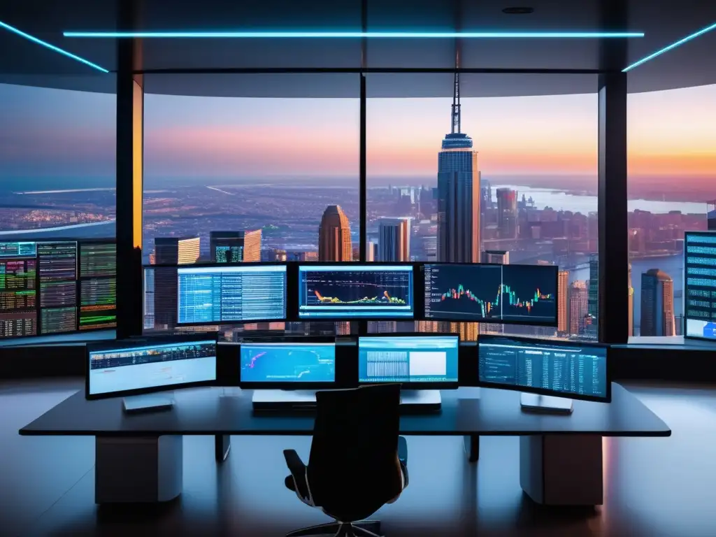 Trading room moderno y sofisticado Algoritmos de trading efectivos en una sala de operaciones moderna con vista a la ciudad